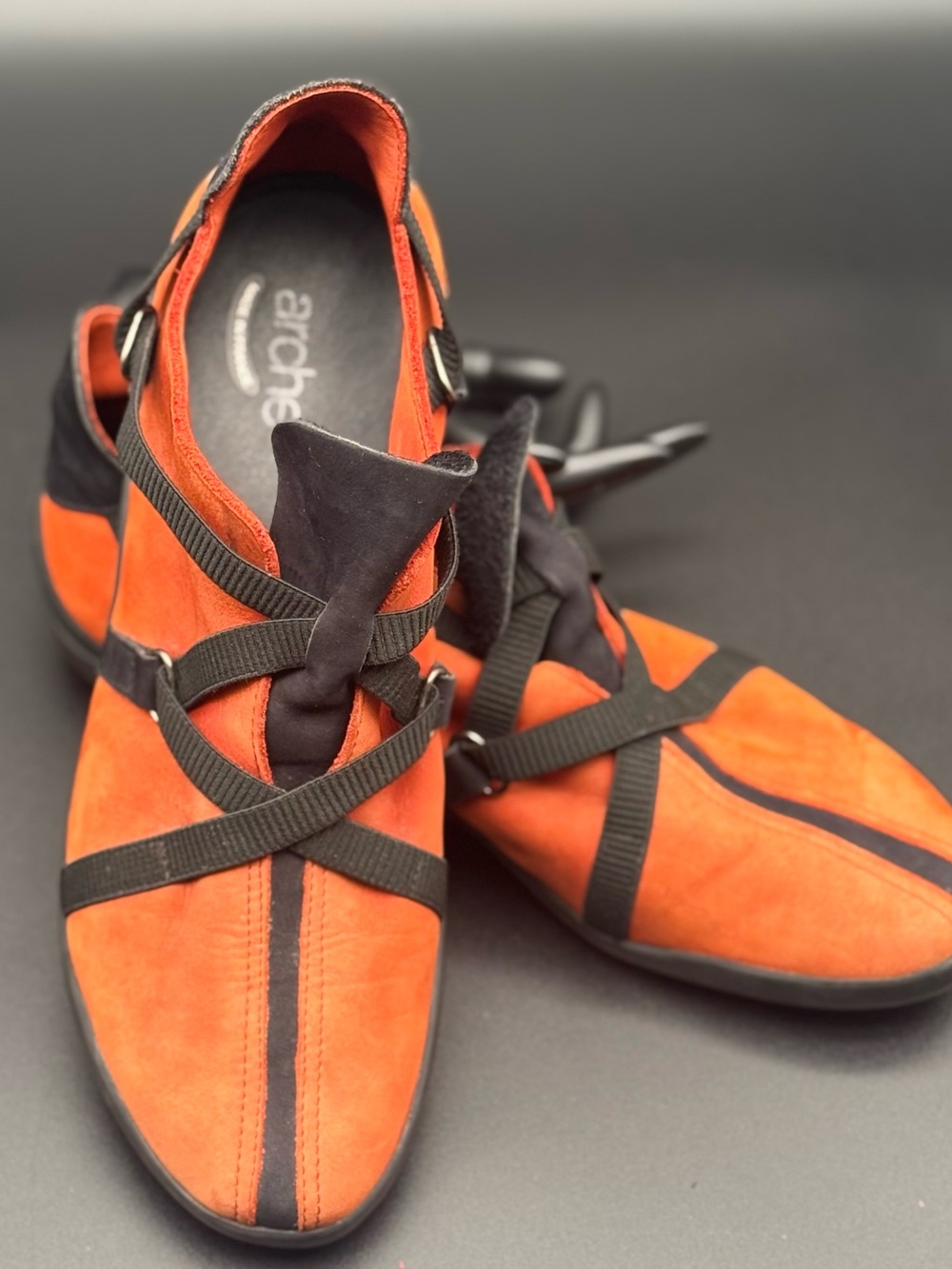Arche Orange Suede Ballet-Inspired Flats with Black Straps